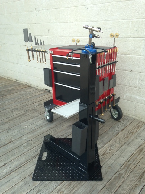 The Buck Torch Stand and the Buck Tool Cart- A Benchless Flamworking System designed by Buck and produced by Griffin Glass Tools